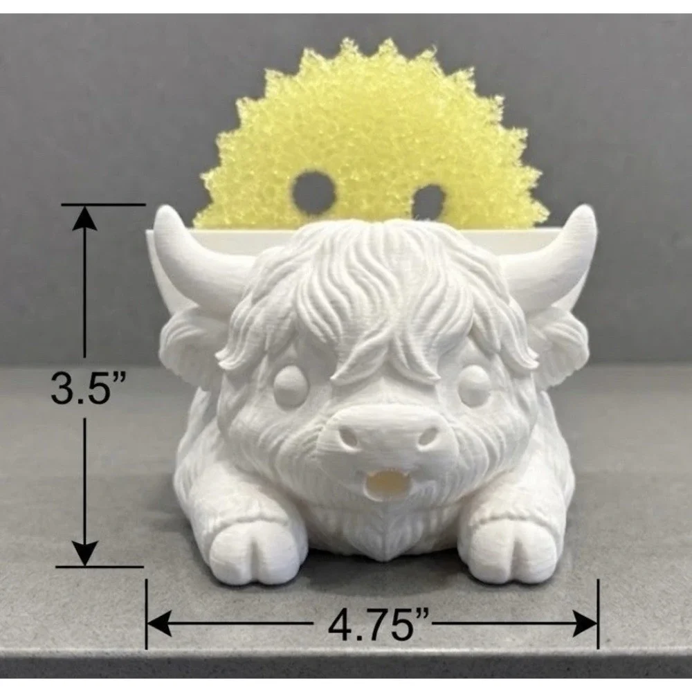 Highland Cow 3D Print Scrub Daddy Sponge Holder / Caddy - Mouth Drainspout White